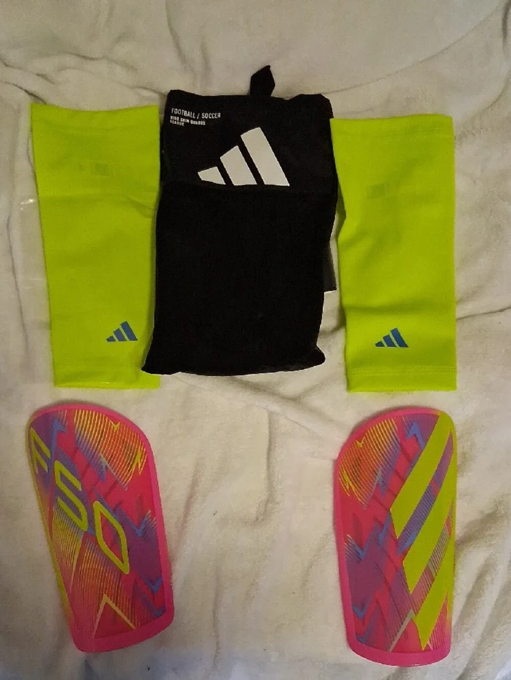 adidas Neon Yellow Men's Soccer Shin Guard Sleeves with Multicolor Shield Pair